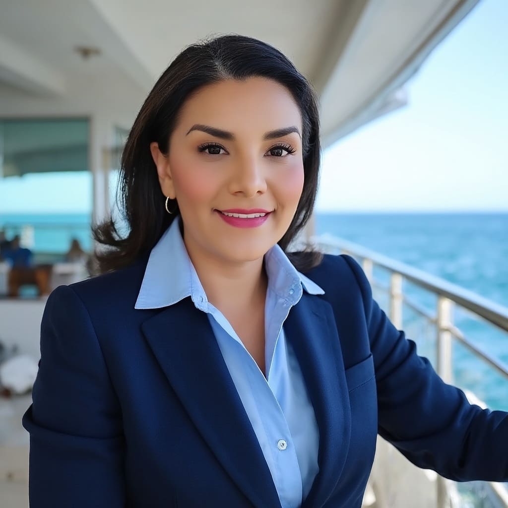 A woman in a navy blazer and light blue shirt smiles while standing on a balcony overlooking the ocean, with clear blue skies in the background.