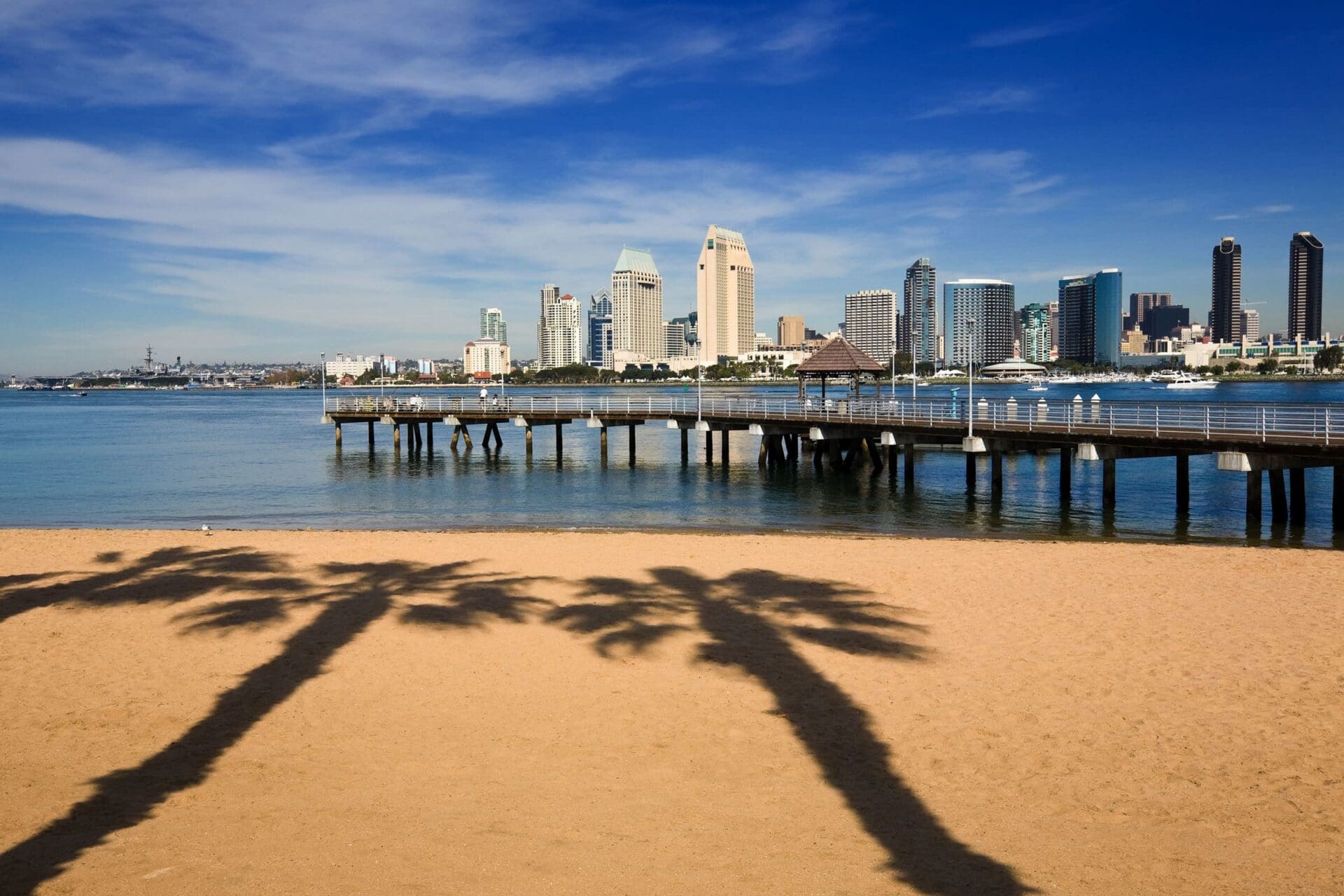 A sandy beach with palm tree shadows in the foreground, a wooden pier over calm water, and a city skyline with tall buildings under a blue sky in the background.