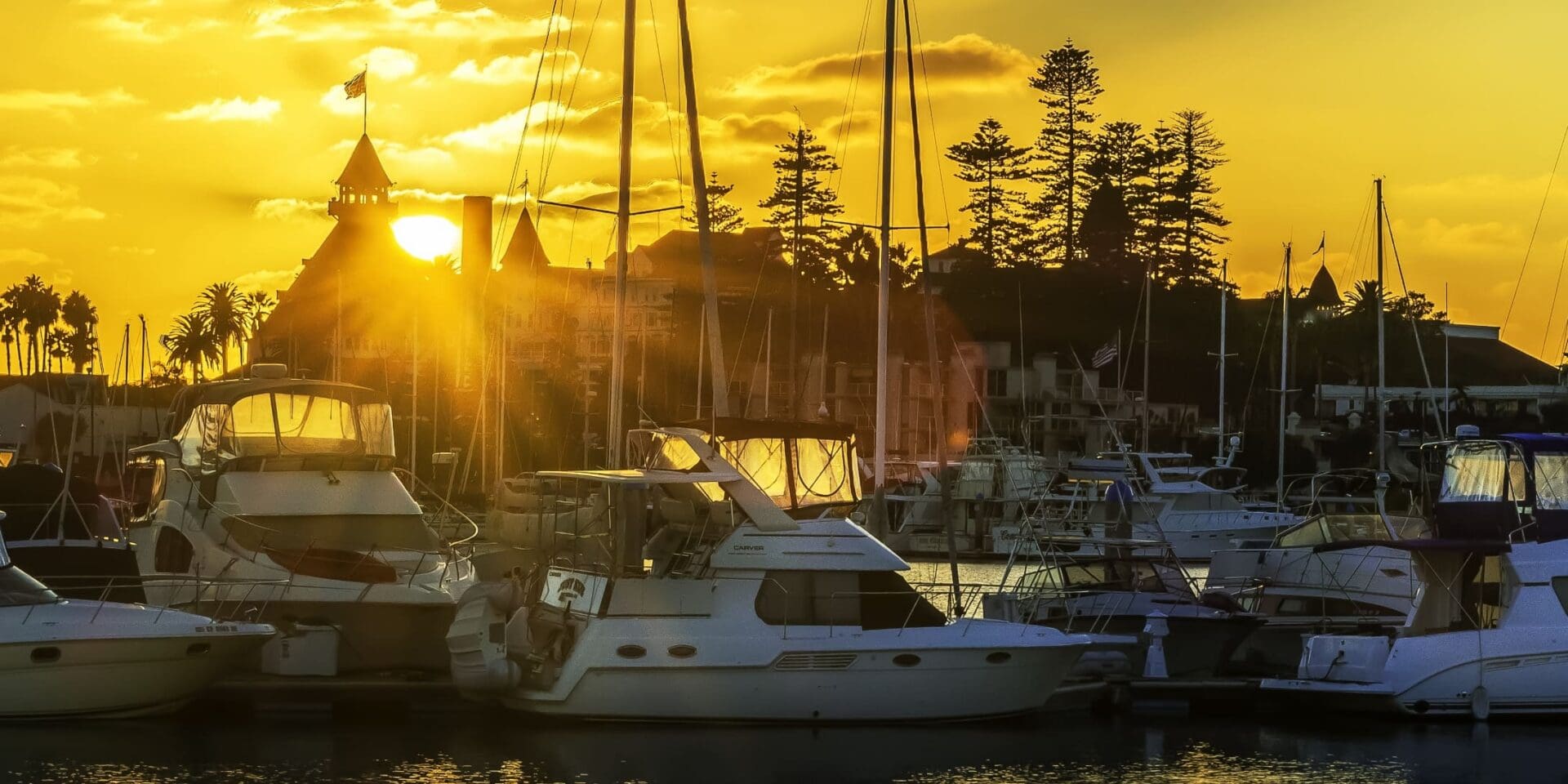 Boats docked at a marina during sunset, with golden sunlight shining through the masts and buildings in the background, silhouetted by trees and a sky tinged with warm colors.
